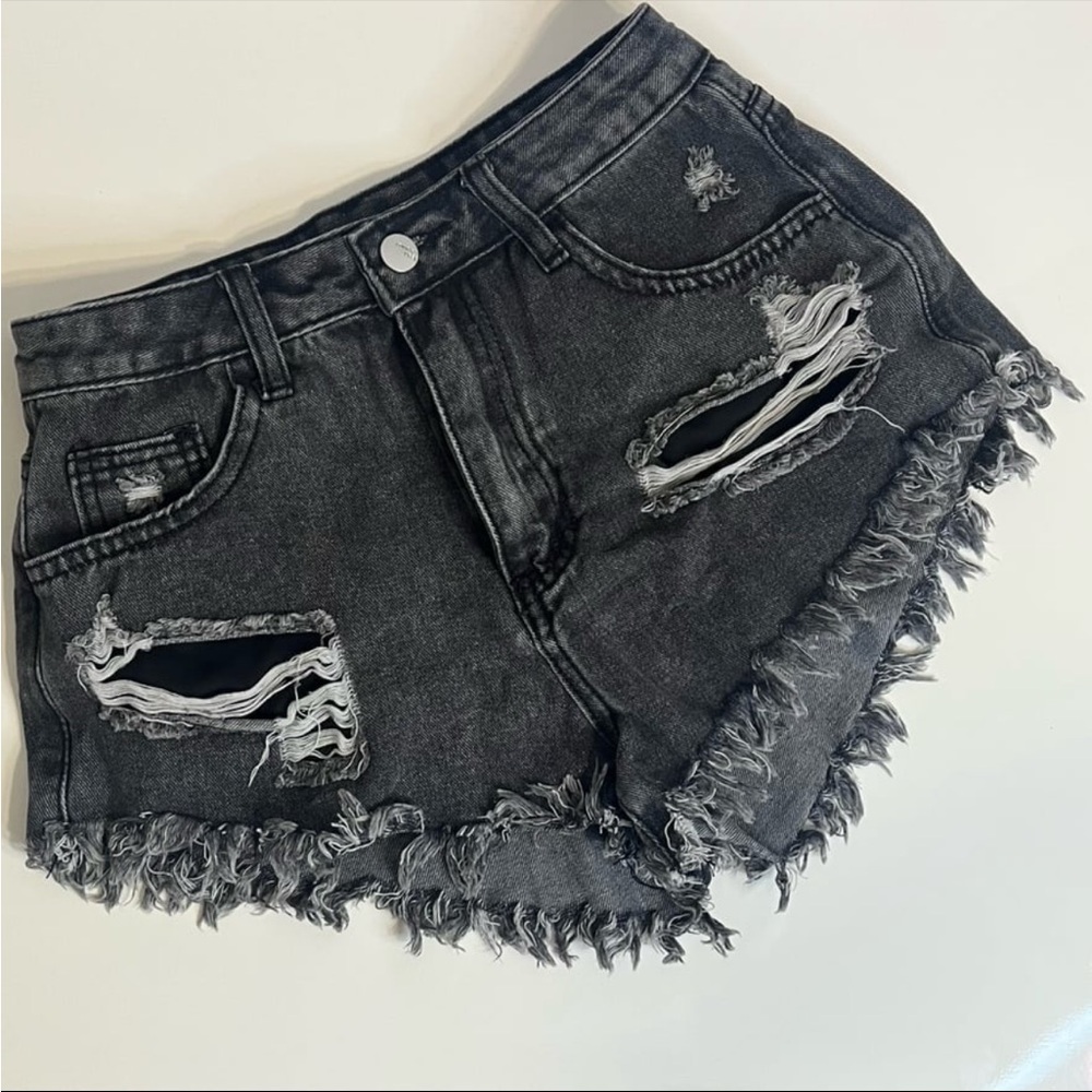Distressed Black Denim Shorts